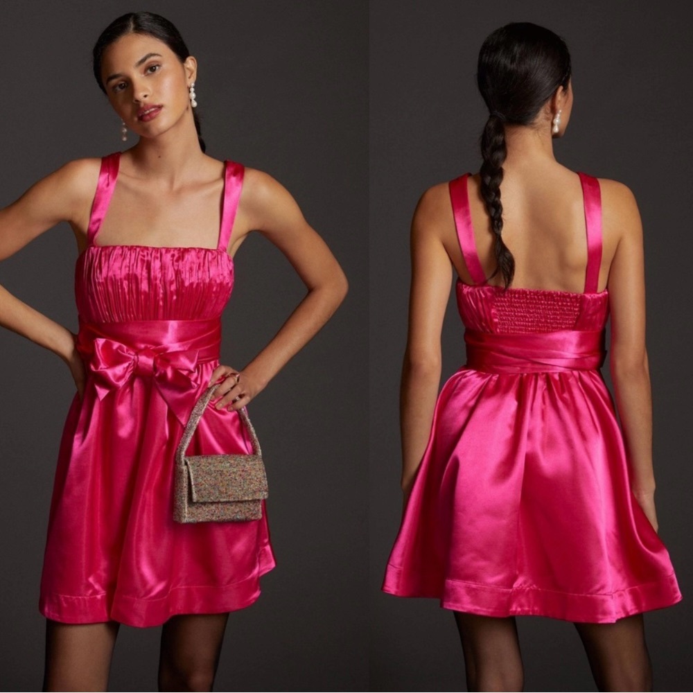 NEW ANTHROPOLOGIE MAEVE Bow-Tie Satin Mini Dress Hot Pink - 14